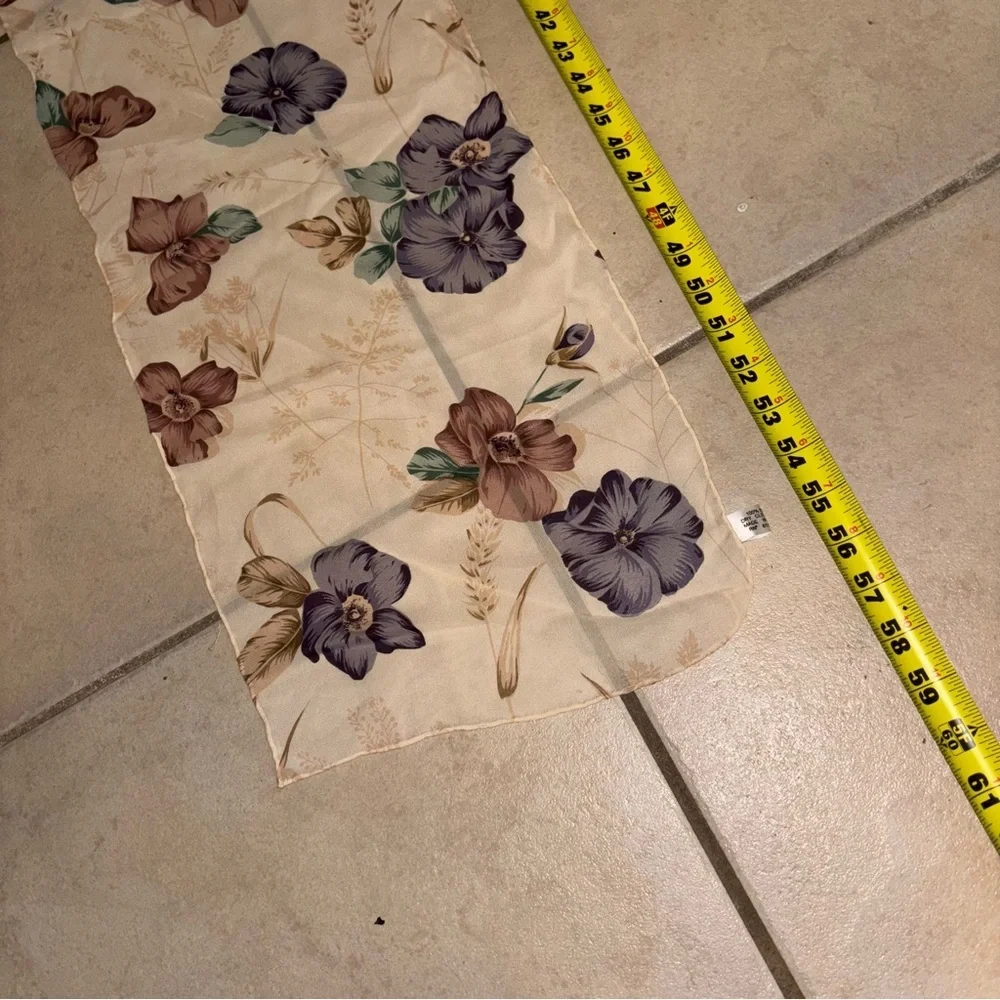 Vintage 90s Y2K Floral Print 100% Silk Sheer Scarf Ivory Purple